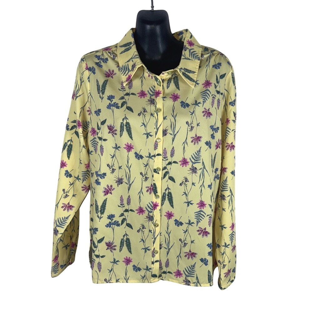 Appleseed's Womens Floral Button Down Shirt PM Yellow Grannycore Cottagecore
